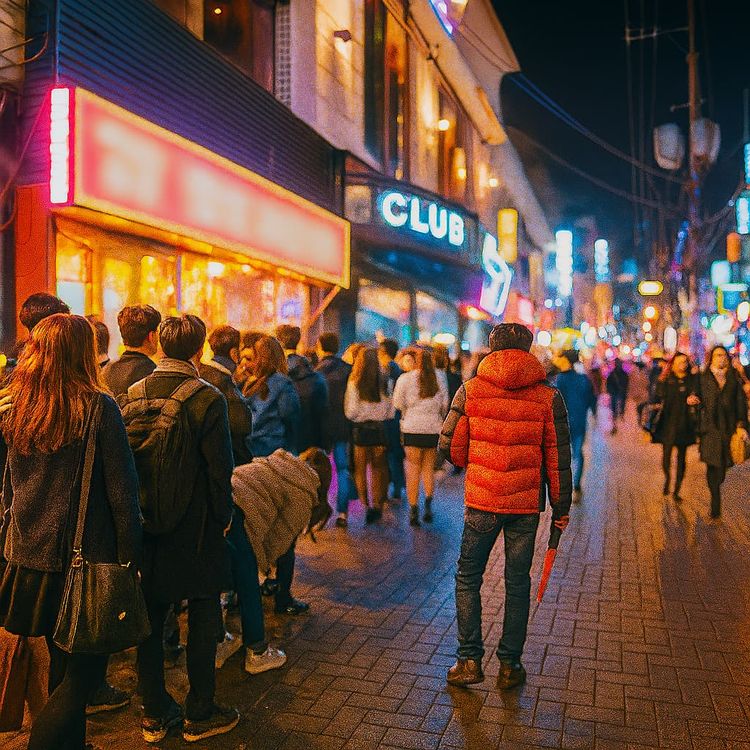 Crowded street scene at night in Samdeok-dong Rodeo Alley, Daegu, with people lining up outside clubs and neon lights creating a vibrant nightlife atmosphere.