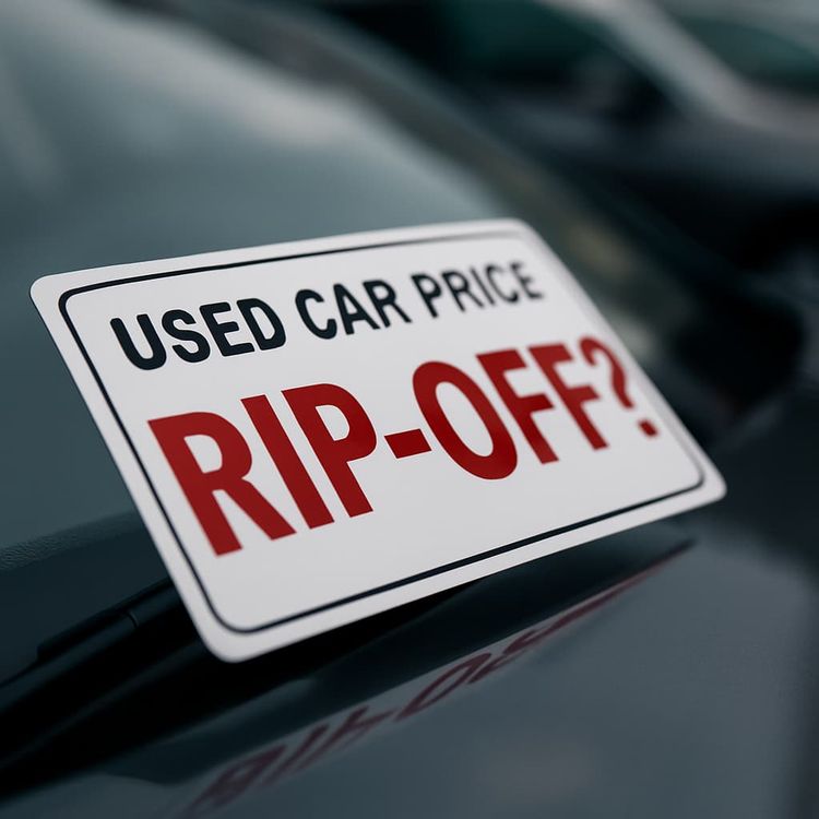 Close-up of a used car price sticker with bold red 'RIP-OFF?' overlay, warning buyers in Korea to avoid scams and overpriced deals.