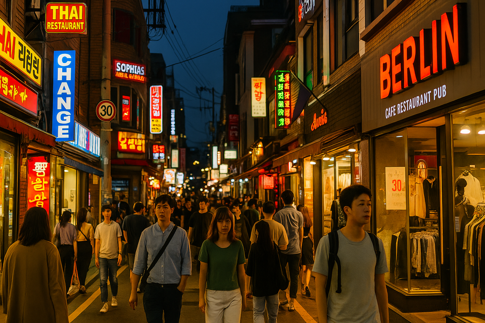 A bustling nighttime street in Itaewon filled with pedestrians, neon-lit storefronts, and a vibrant international atmosphere representing Yongsan's cultural heartbeat.