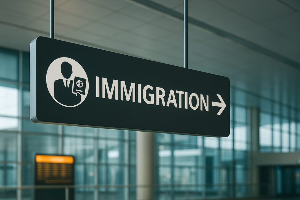 Immigration sign inside a Korean airport pointing to entry processing, symbolizing the complexities of Korean visa and expat legal navigation.