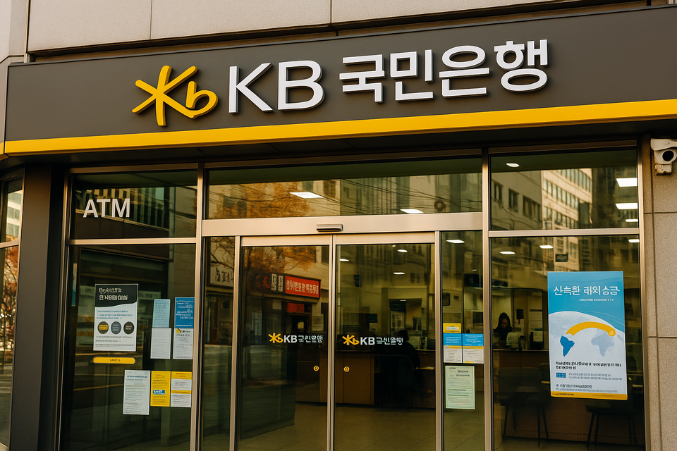 Exterior of a KB Kookmin Bank branch in South Korea, showing the entrance, ATM sign, and urban reflections — representing banking setup for expats.