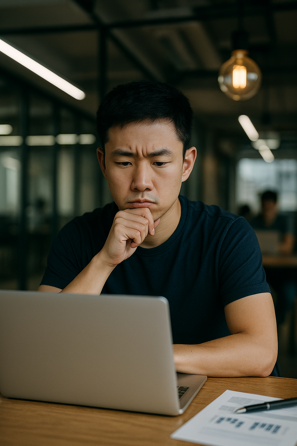 A focused young man working on his laptop in a modern Korean office, symbolizing how local work culture affects freelance routines and communication.