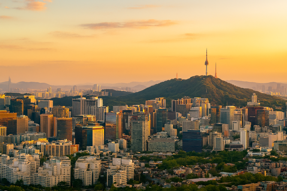 Sunset view of Seoul skyline with Namsan Tower, highlighting South Korea’s modern urban landscape
