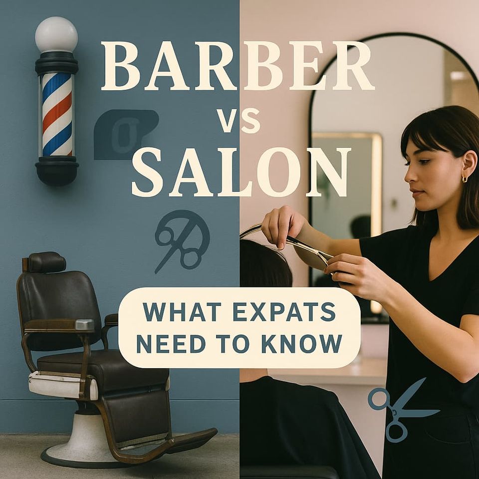 Split-screen image of a Korean barbershop and modern hair salon, showing service differences for expats deciding where to get a haircut in Korea.