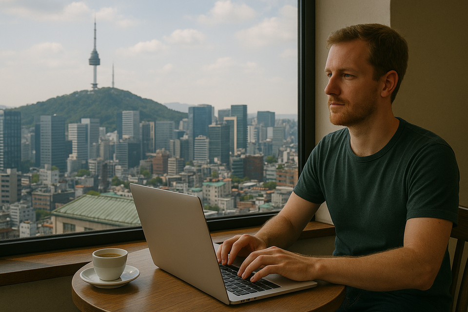 A foreign man working on a laptop in a café with a clear view of Seoul skyline and Namsan Tower in the background