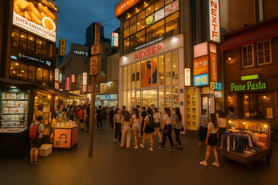 Evening crowd walking through Hongdae shopping street in Seoul, with neon signs, local shops, and street fashion