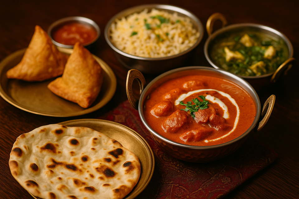 Traditional Indian meal with butter chicken, naan, samosas, palak paneer, and basmati rice on brass plates, served in Korea