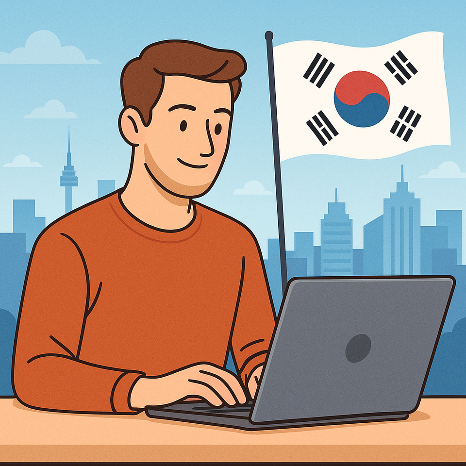 Illustration of a foreign man learning to code on a laptop with the South Korean flag and Seoul skyline in the background, symbolizing expat tech career opportunities in Korea in 2025