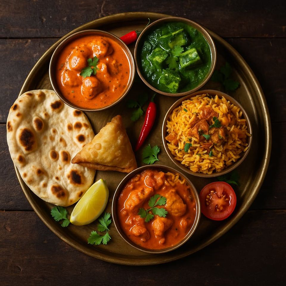 A vibrant Indian cuisine platter featuring naan, curry, and side dishes, served at a restaurant in Daegu.