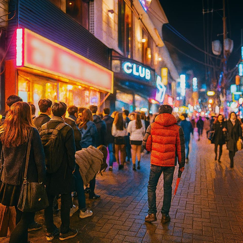 Crowded street scene at night in Samdeok-dong Rodeo Alley, Daegu, with people lining up outside clubs and neon lights creating a vibrant nightlife atmosphere.