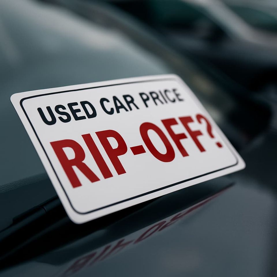 Close-up of a used car price sticker with bold red 'RIP-OFF?' overlay, warning buyers in Korea to avoid scams and overpriced deals.
