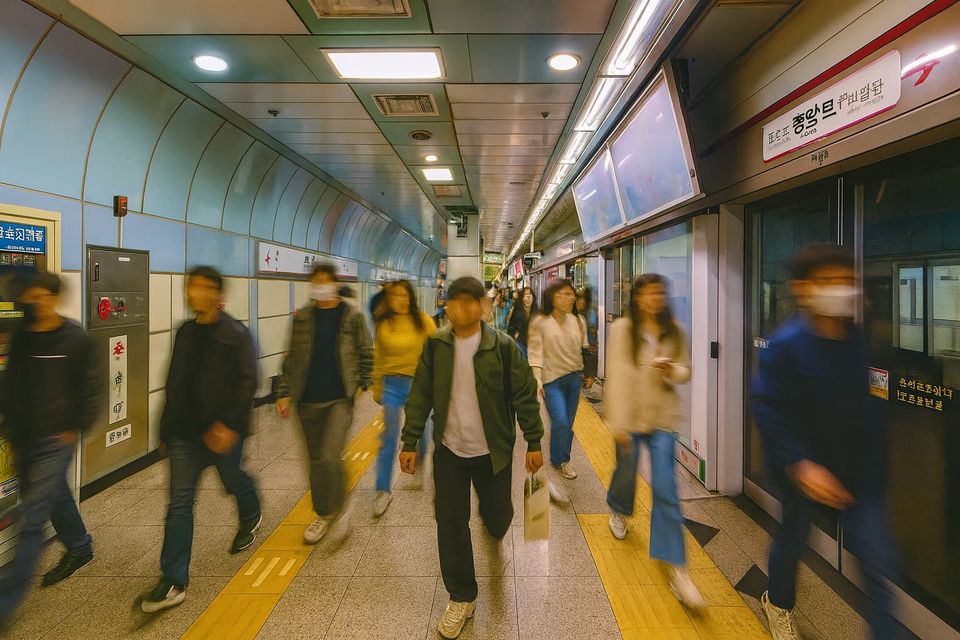 Passengers walking through Jungangno Station in Daegu