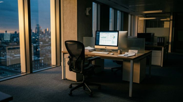 Empty office with glowing screen at dusk