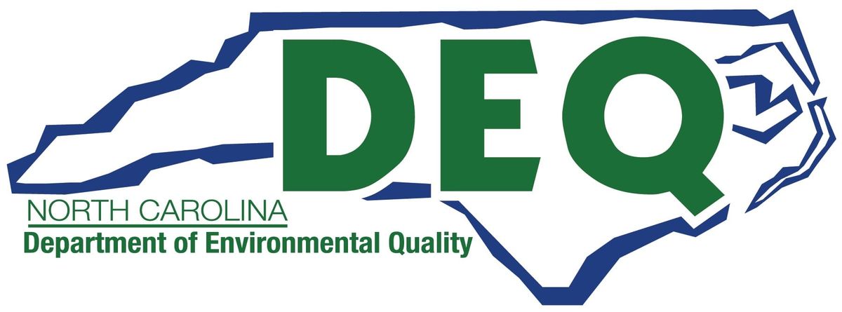 Blue outline of the State of NC with large green letters, DEQ and smaller green letters, North Carolina Department of Environmental Quality.