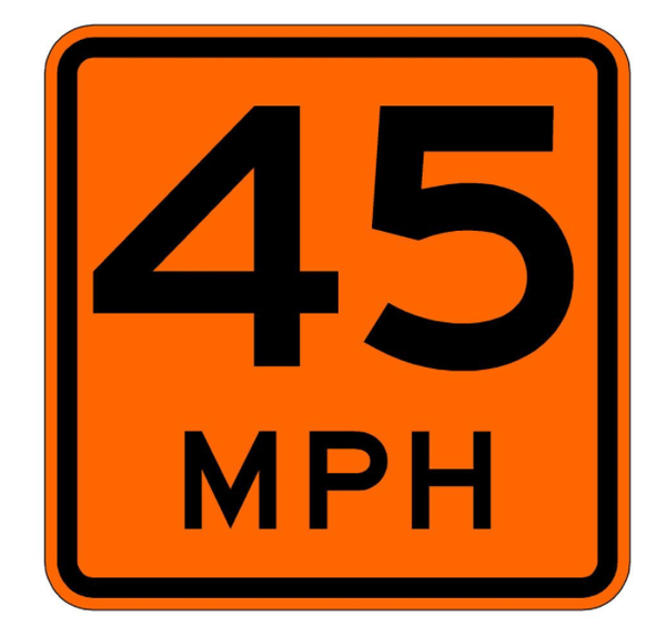A bright orange traffic sign that says 45 mph.