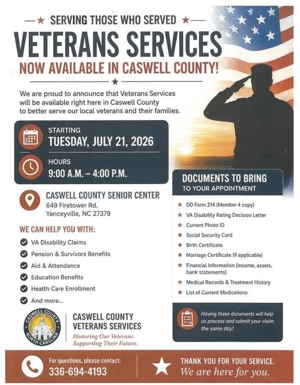 Veterans Services Officer Returns to Caswell July 21