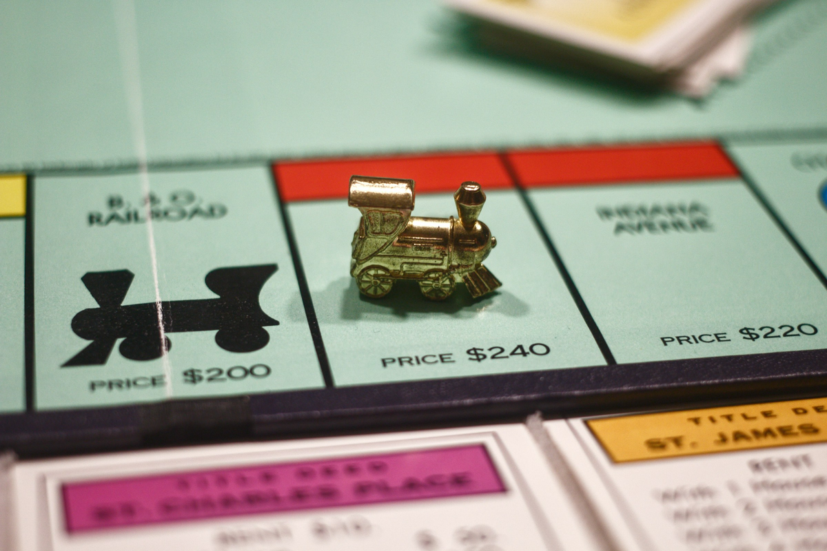 A snapshot of a Monopoly game board. 