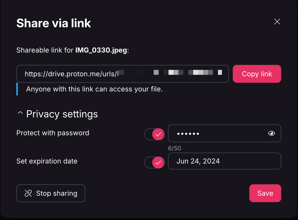 share proton document dialog