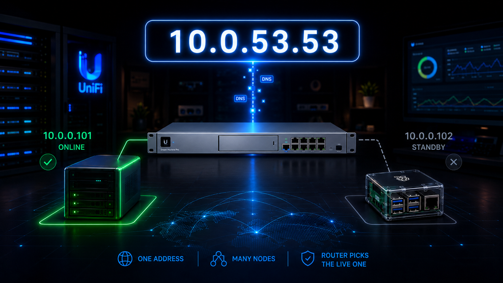 A UniFi firewall in the middle, a server cluster on the right, a Pi-Hole device on the left, illustrating highly available DNS routing