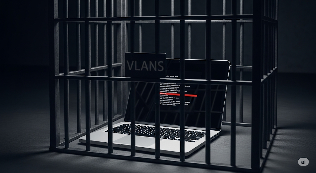 A work laptop behind bars with a badge on the bars that says VLANs