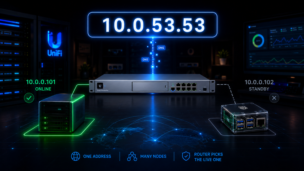 A UniFi firewall in the middle, a server cluster on the right, a Pi-Hole device on the left, illustrating highly available DNS routing