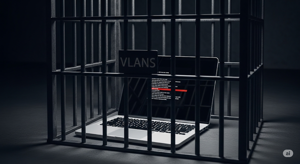 A work laptop behind bars with a badge on the bars that says VLANs