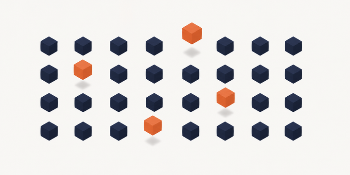 Grille de cubes en perspective isométrique sur fond clair, dont plusieurs flottent au-dessus du plan à des hauteurs différentes, en illustration des deux mécanismes d'une réponse d'IA