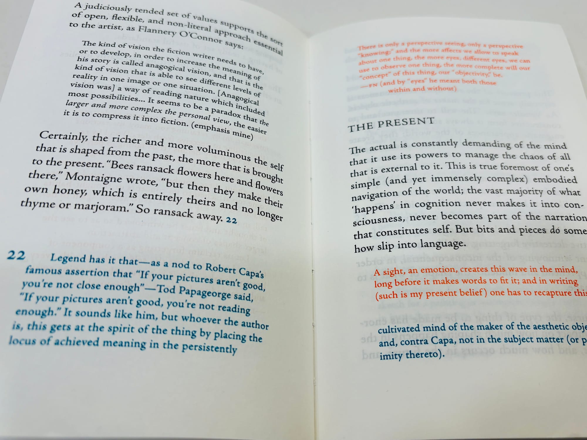 A view of two pages of the book showing the colors of various types of content