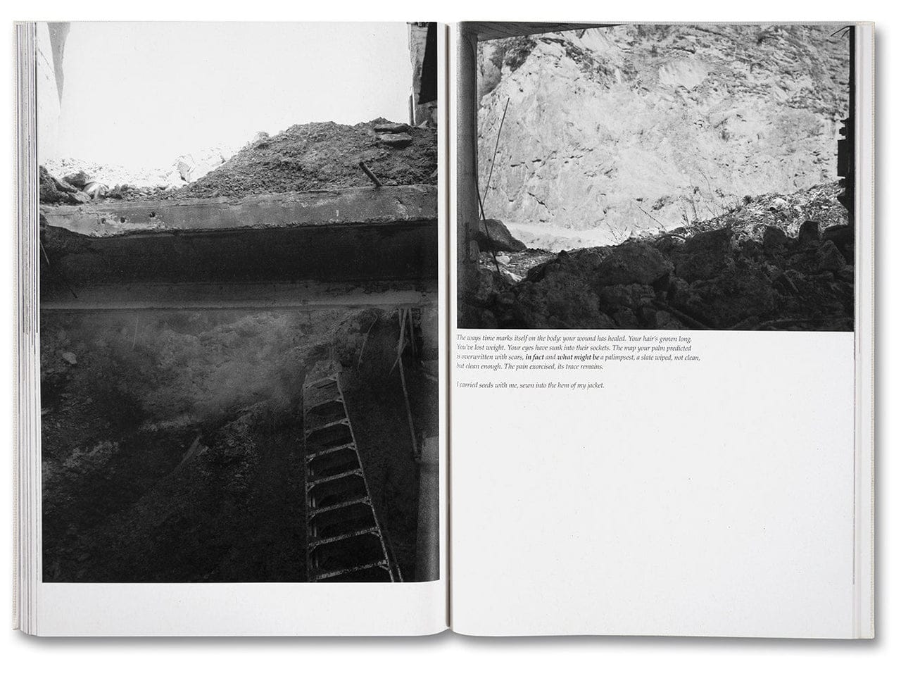 image of a book spread open with a photograph on both pages and a small amount of text on the left page.