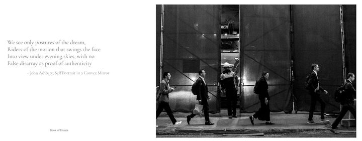 text from a poem by John Ashbery on the left and image of people walking in a city at night