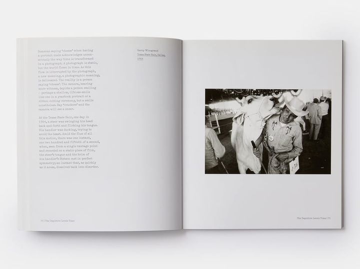 inside pages of a book with text on the left and an image by Gary Winogrand on the right