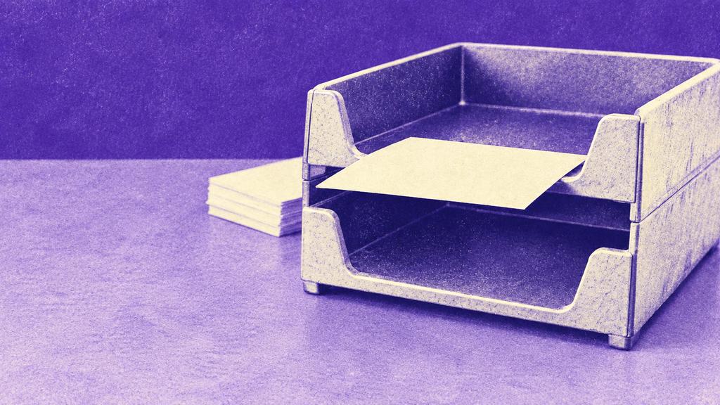 Conceptual editorial illustration of a blank sheet in stacked desk letter trays, with violet, lavender and ivory colors and fine print grain.