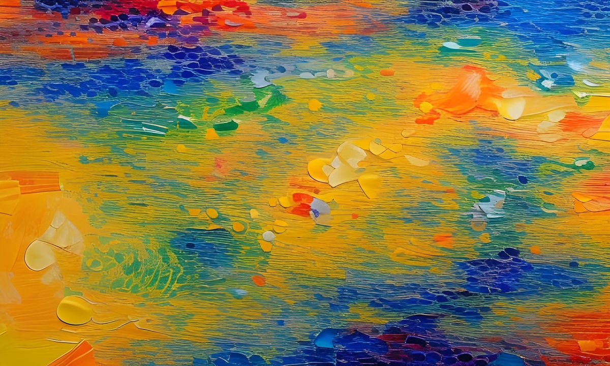 An abstract painting, mostly yellow with lines of green and orange, blocks of blue