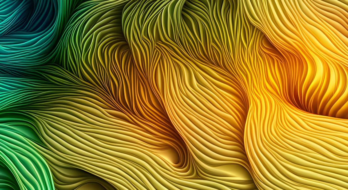 A folding, yarn-like structure, colored from green to gold. Abstract.
