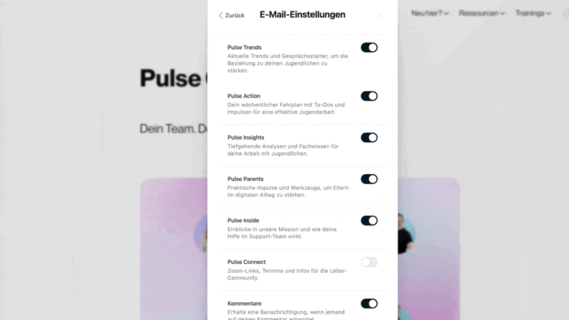Kurzer Check: Lege den Schalter bei Pulse Connect um, damit die Zoom-Links sicher in deinem Postfach landen.