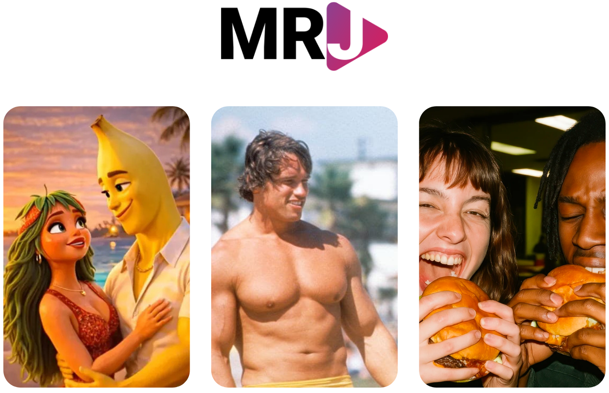 Dreier-Collage als Header: Links eine animierte Szene im Pixar-Stil mit einer Erdbeere und einer Banane als Liebespaar vor Sonnenuntergang (Fruit Love Island). In der Mitte ein junger Mann mit athletischem Oberkörper und gepflegtem Haar, der den Allesmaxxing-Trend verkörpert. Rechts zwei junge Menschen, die lachend in große Burger beißen, als Symbol für die Rückkehr zu analogem, authentischem Genuss.