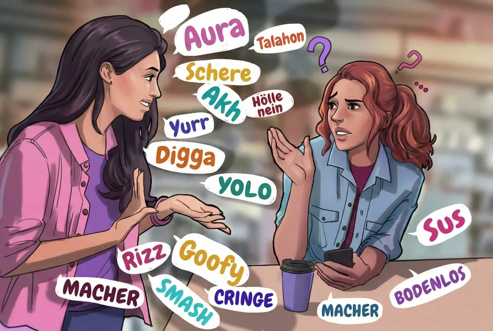 Hochwertige Illustration: Eine Mutter erklärt ihrer verwirrten Tochter Jugendsprache. Sprechblasen enthalten aktuelle Begriffe wie Aura, Talahon, Rizz, Schere, Goofy & Cringe.