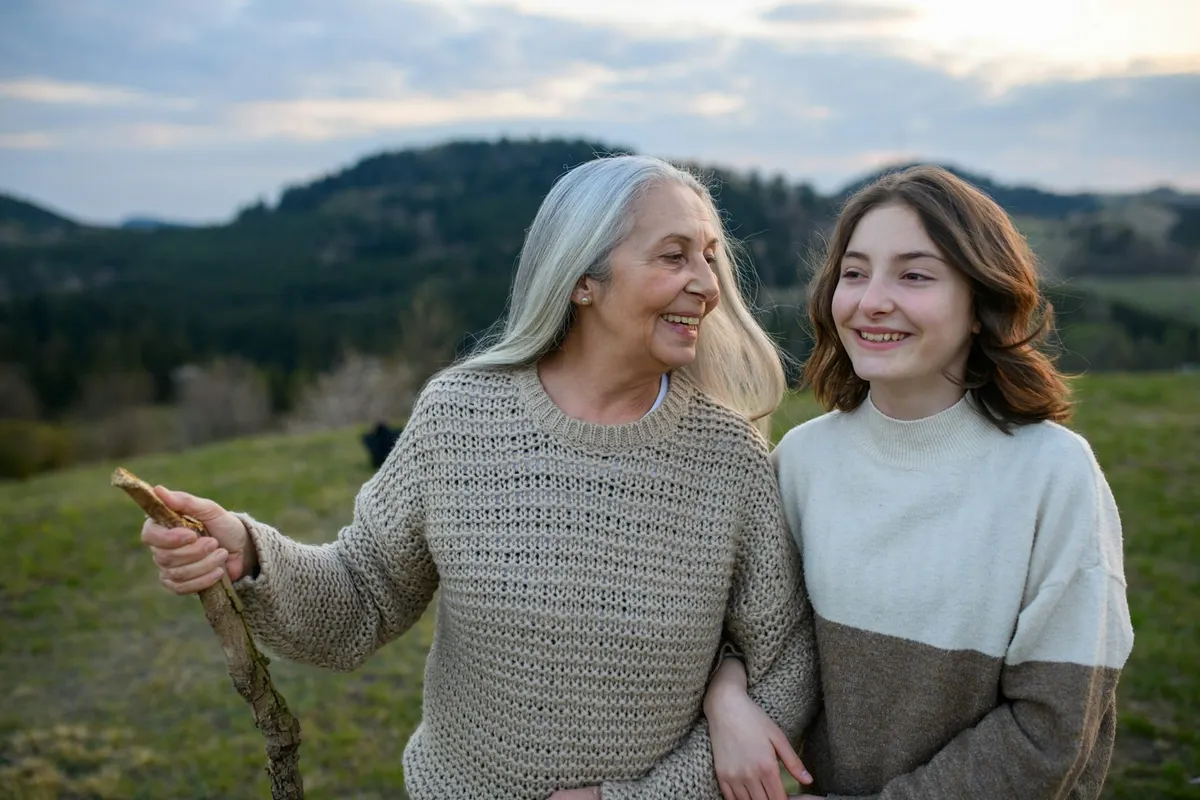 Eine junge Frau und eine Seniorin lächeln sich im Freien herzlich an – Symbol für generationenübergreifende Freundschaft in der Kirche.