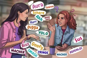 Hochwertige Illustration: Eine Mutter erklärt ihrer verwirrten Tochter Jugendsprache. Sprechblasen enthalten aktuelle Begriffe wie Aura, Talahon, Rizz, Schere, Goofy & Cringe.