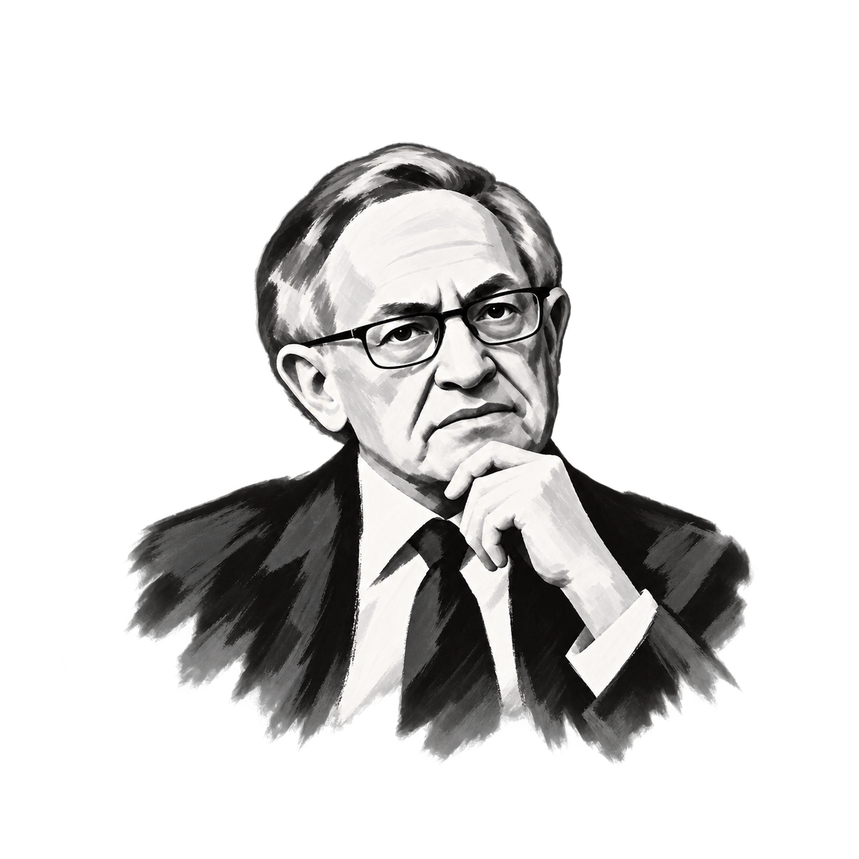 Brush-and-ink head-and-shoulders portrait of Alan Dershowitz
