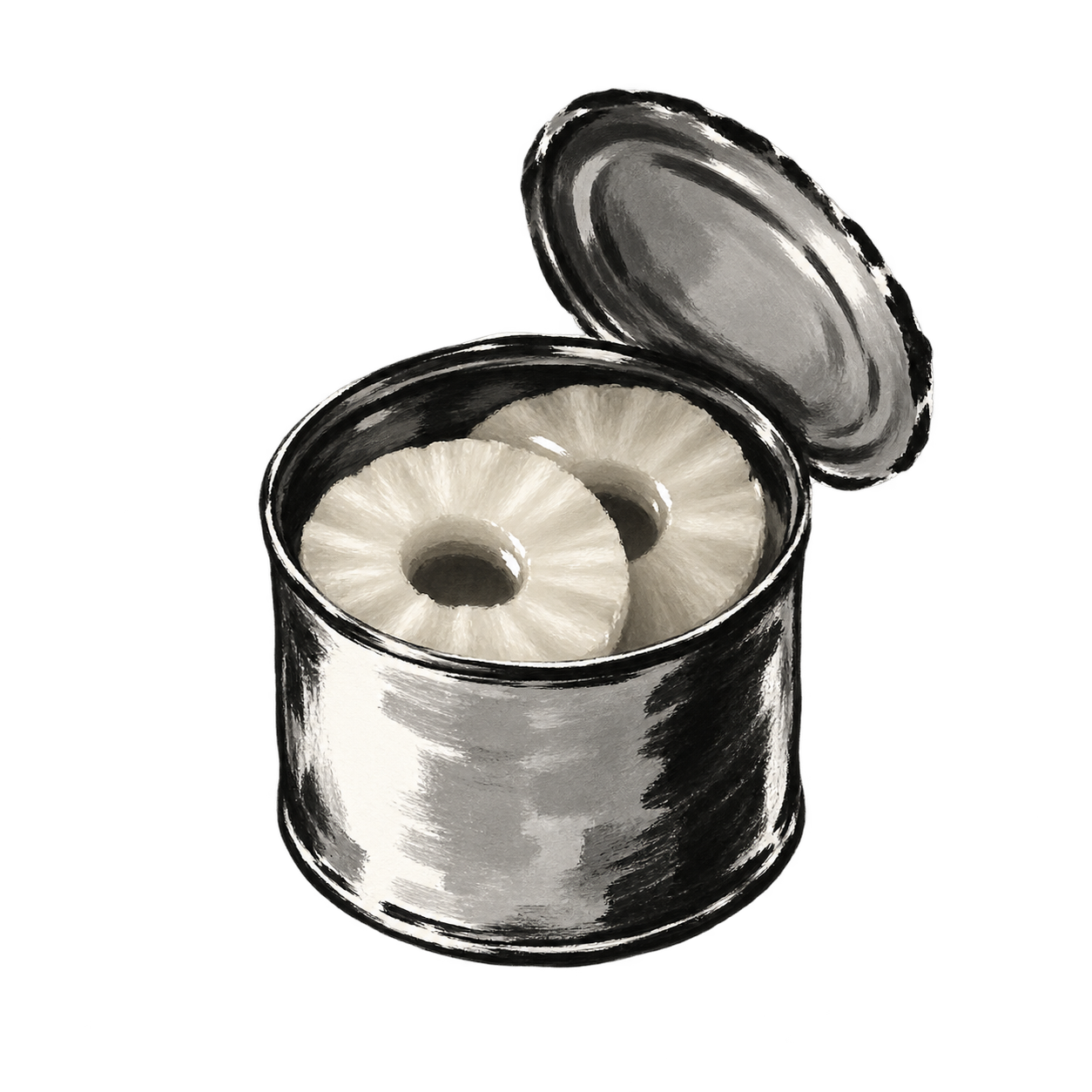 Brush-and-ink illustration of an open tin of pineapple rings.