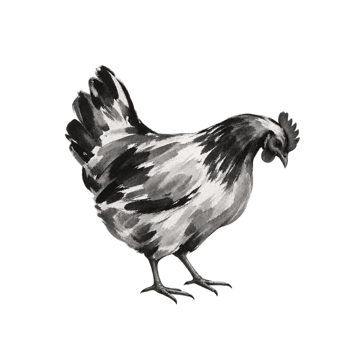 Black-and-white brush-and-ink illustration of a hen with its head bowed.