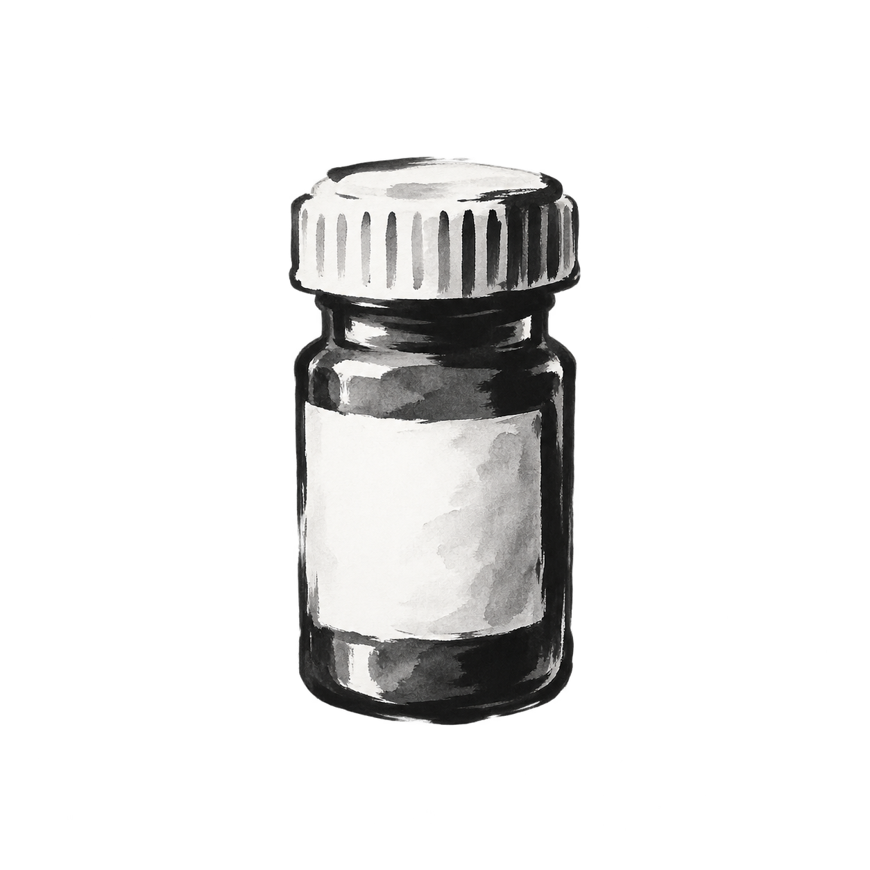 Black-and-white brush-and-ink illustration of a closed prescription medicine bottle with an unlettered label.