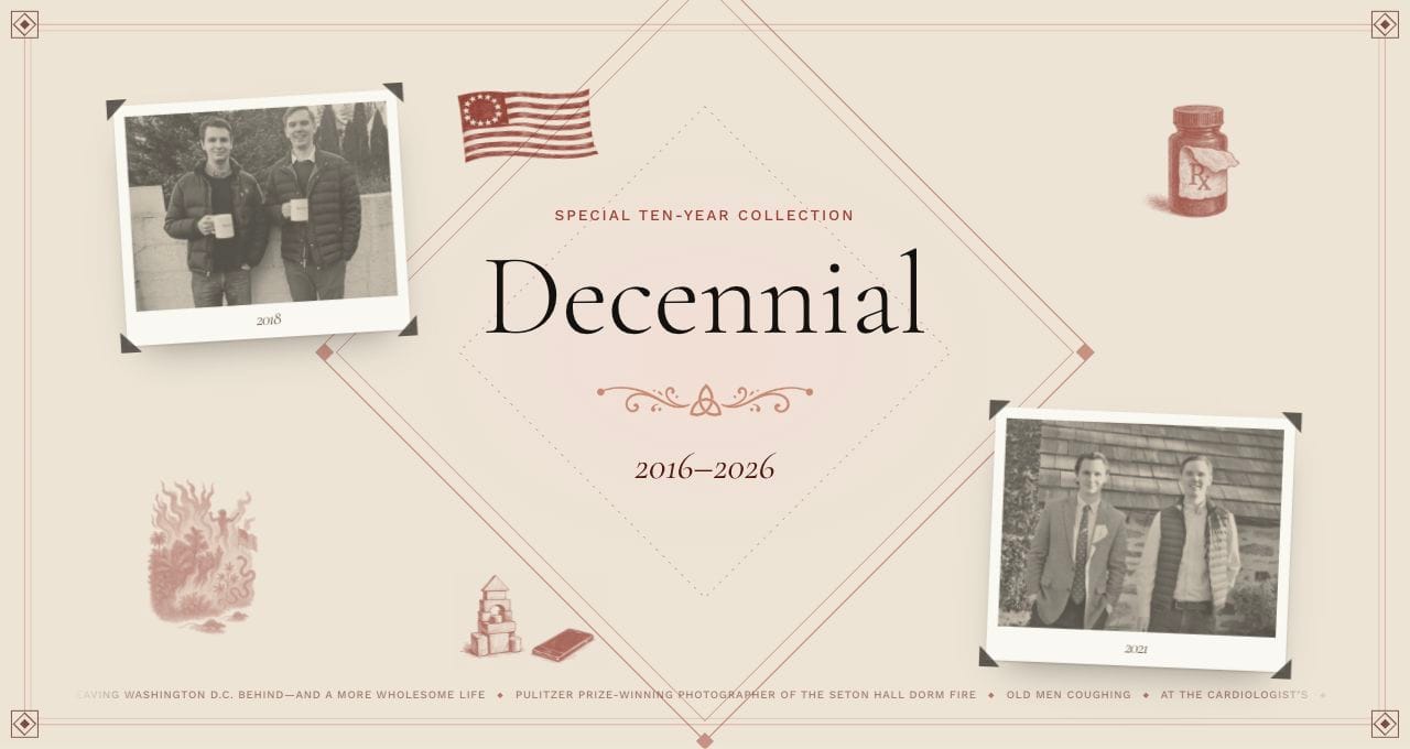 Collection VII: Decennial, 2016–2026 — the anniversary cover with ornamental diamond borders, faint archival engravings, and photographs of Henri Mattila and Erich J. Prince.