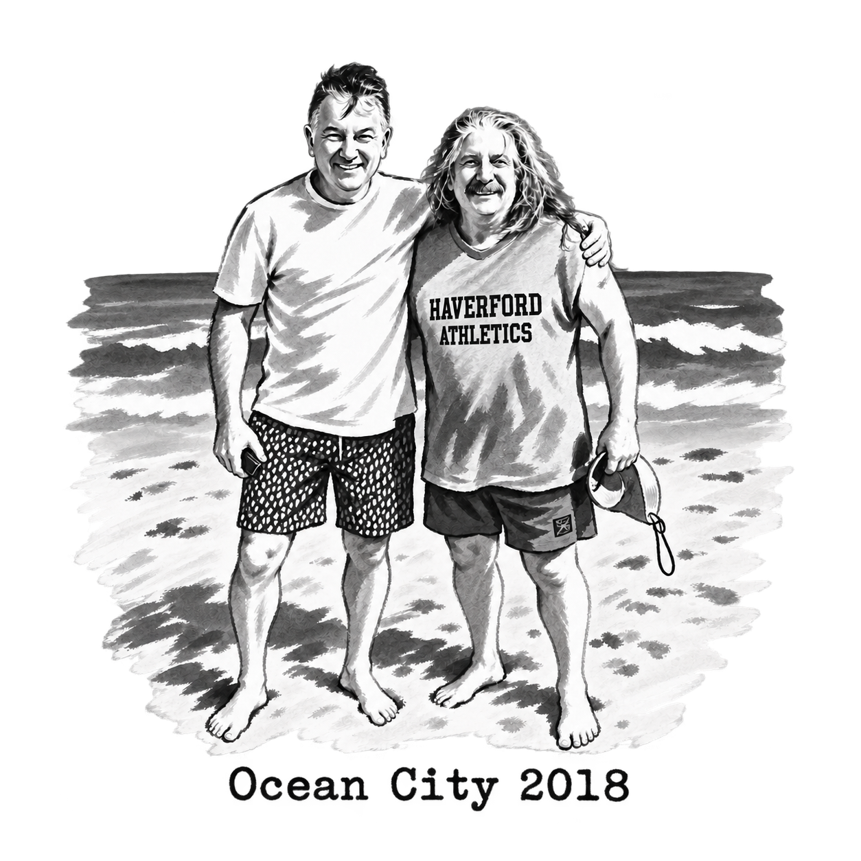 Black-and-white illustration of Joe Cox and W. D. Ehrhart posing together on the beach, with Ocean City 2018 written below
