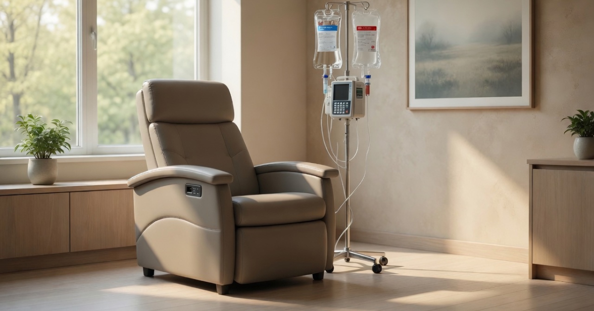 Modern infusion chair with two bags of medication hanging from an IV pole in a calm medical suite, representing Ocrevus treatment for MS