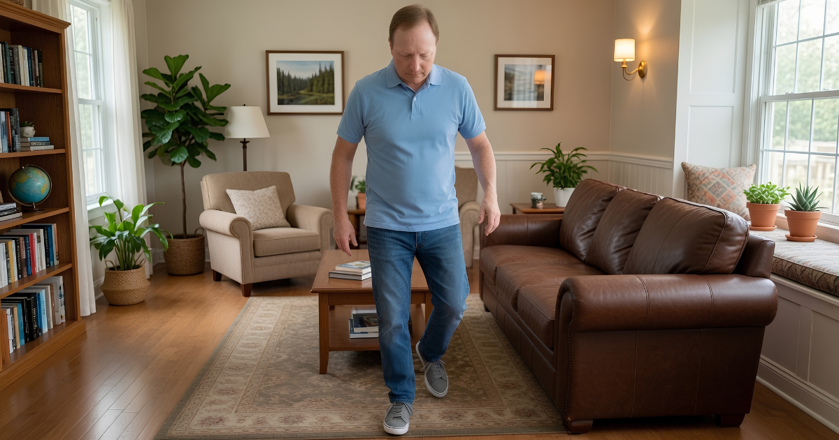 Man with MS walking in his living room, right leg stiff and not fully extended mid-step, looking down at his feet