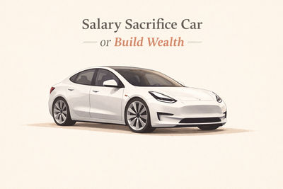 Comparison chart showing Tesla electric car salary sacrifice costs versus superannuation investment returns over 5 years for Australian high-income earners