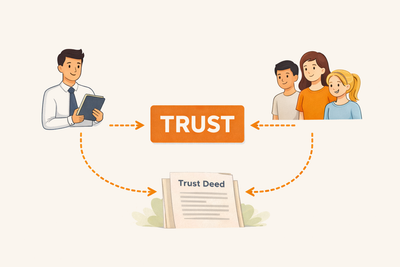 Discretionary trust structure diagram showing trustee, beneficiaries and investment property relationship