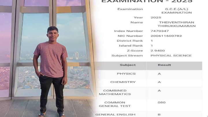 க.பொ.த உயர்தரத்தில் அகில இலங்கை ரீதியில் கணிதப் பிரிவில்முதல் இடம் பெற்ற தமிழ் மாணவன்!
